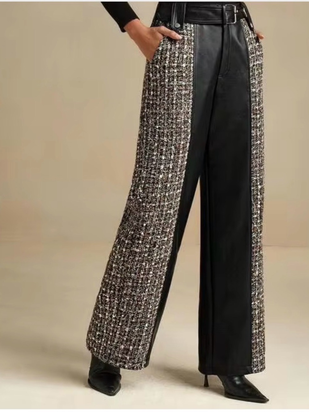 SHEIN Black Faux Leather Wide-Leg Pants with Tweed Side Panels